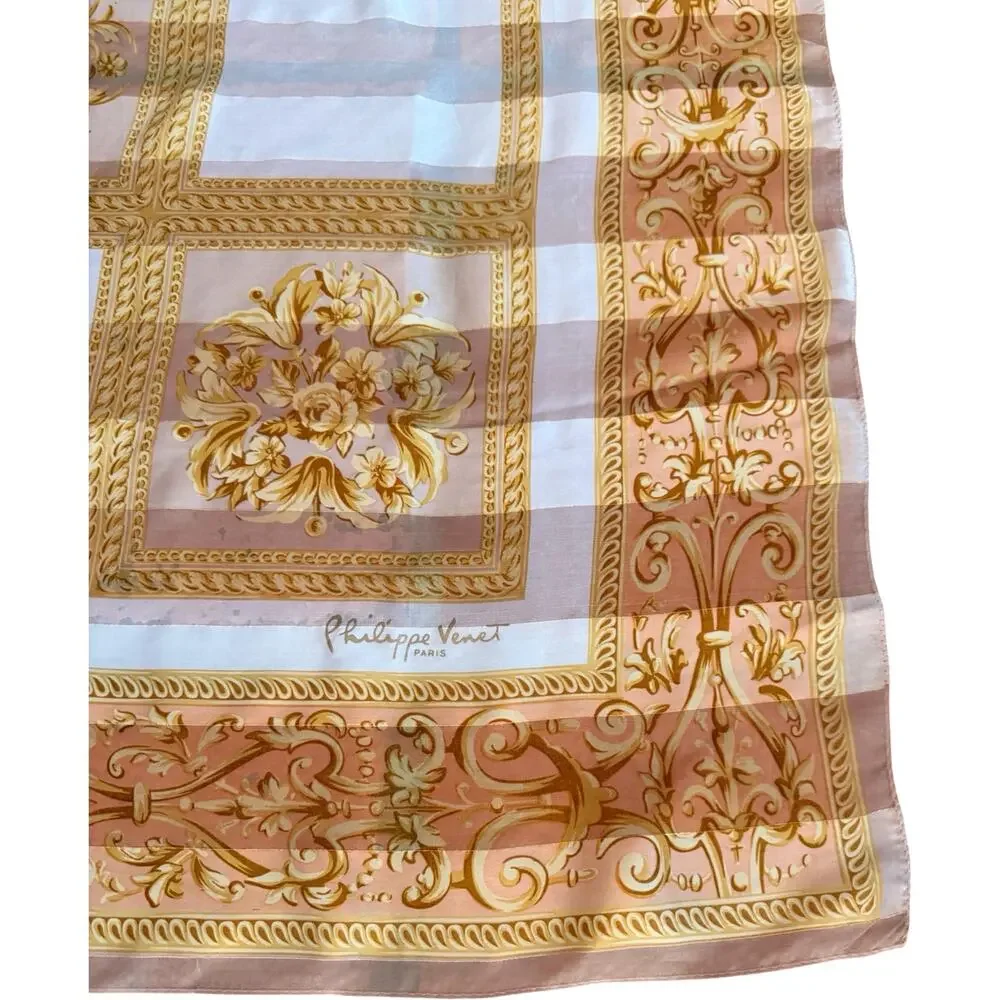 Vintage Philippe Venet Paris Silk Scarf 1980s Gold Baroque Scroll Floral 35